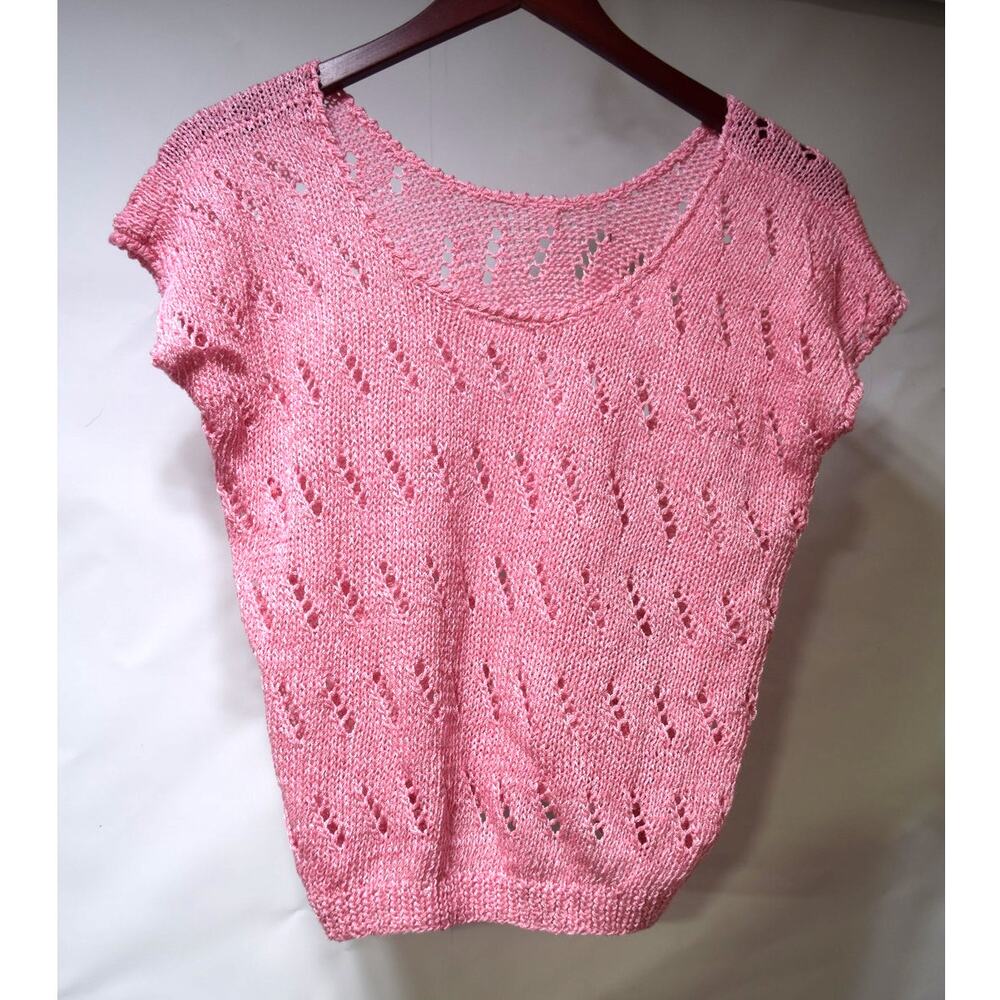 Hand Knit Pink Openwork Pointelle Cap Sleeve Sweater Top Cottagecore